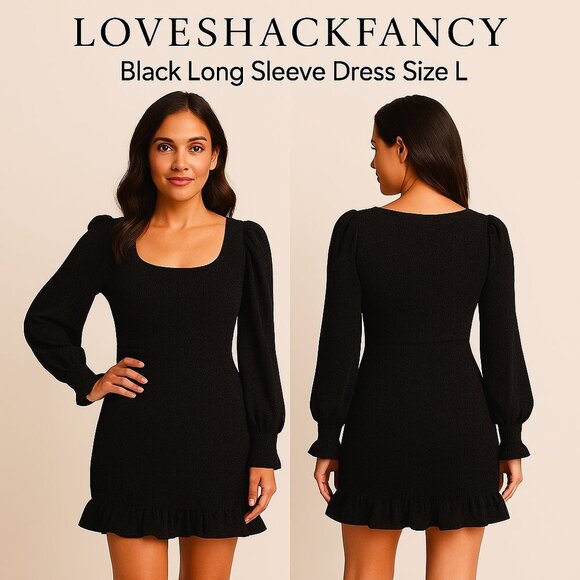 LoveShackFancy Black Smocked Mini Dress Long Sleeve Size L - Picture 1 of 13